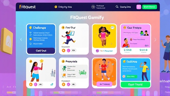 A dynamic and colorful digital interface displaying FitQuest Gamify, with avatars representing users engaging in various fitness challenges, earning virtual rewards, and celebrating achievements, illustrating the fun and interactive nature of the platform.