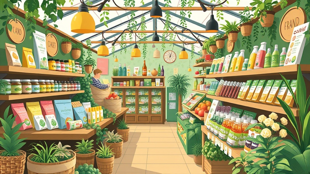 An artistic representation of a digital marketplace filled with colorful and eco-friendly products from various local vendors, surrounded by greenery and sustainable packaging, conveying a sense of community and environmental consciousness.