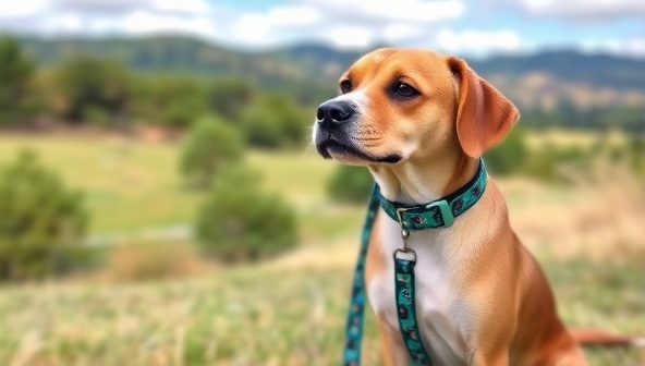 An adorable dog wearing a customized collar and matching leash, posing in a picturesque outdoor setting, showcasing the unique and stylish pet accessories offered by Paws Couture.