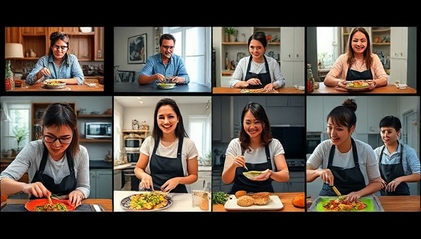 A virtual team-building workshop scenario showcasing employees cooking together on video calls, engaging in friendly competition, sharing laughs, and celebrating culinary creations, fostering teamwork and camaraderie in a remote work environment.