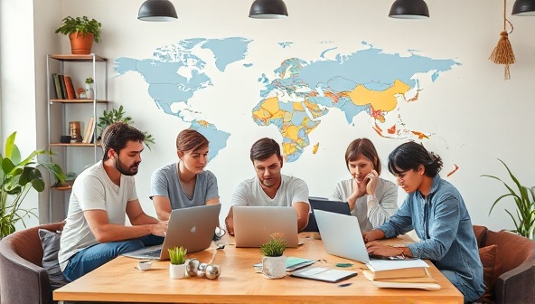 An image of a diverse group of remote workers collaborating in a shared workspace with laptops, creative decor, and a global map on the wall, symbolizing the concept of flexible and collaborative workspace exchanges.