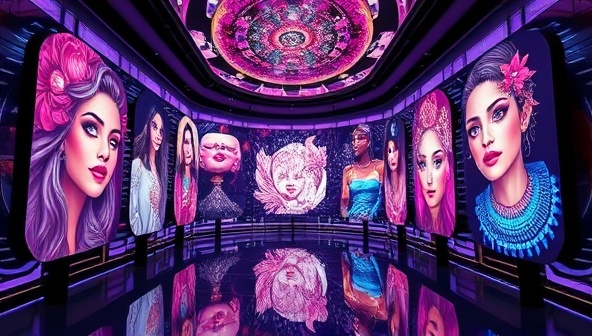 An immersive and visually stunning digital art gallery showcasing a collection of beauty-themed NFT artworks on virtual display screens, with vibrant colors, intricate designs, and futuristic aesthetics, capturing the allure and exclusivity of the Beauty Canvas Collect subscription service.