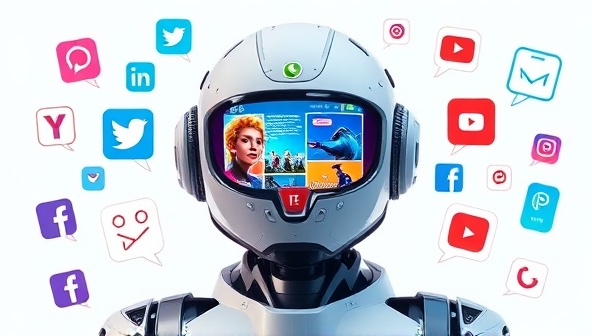 An AI-powered robot with a digital screen displaying vibrant social media posts, surrounded by icons of popular social platforms, representing creativity and technological advancement in content generation.