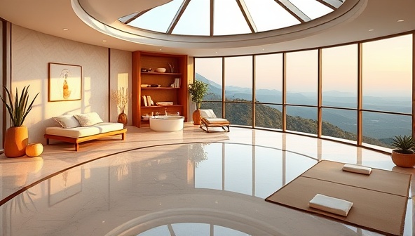 A serene and luxurious virtual retreat setting with a soothing ambiance, featuring a cozy meditation corner, a refreshing spa area, and a yoga studio with panoramic views, evoking a sense of tranquility and premium wellness indulgence for participants.