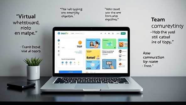 A digital workspace setup featuring a laptop displaying various TelePro Boost productivity tools like a virtual whiteboard, task tracker, and team communication hub, surrounded by motivational quotes and productivity tips, creating a focused and efficient remote work environment.