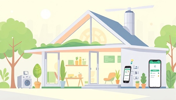 An illustration of a futuristic home with energy-efficient devices controlled by a mobile app, showcasing a blend of sustainability and modern technology.
