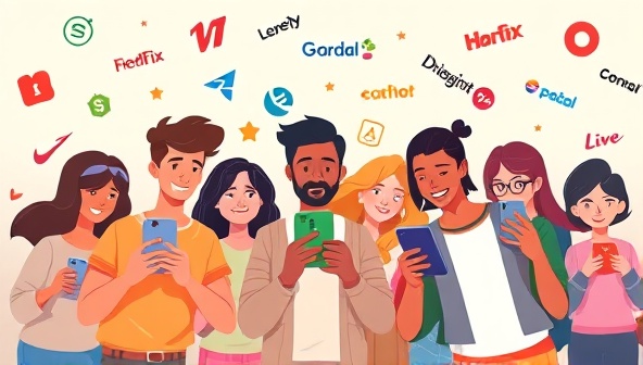 An animated illustration of a diverse group of people playing an interactive game on their smartphones, surrounded by floating brand logos and rewards, showcasing the fun and engaging nature of gamified advertising experiences.