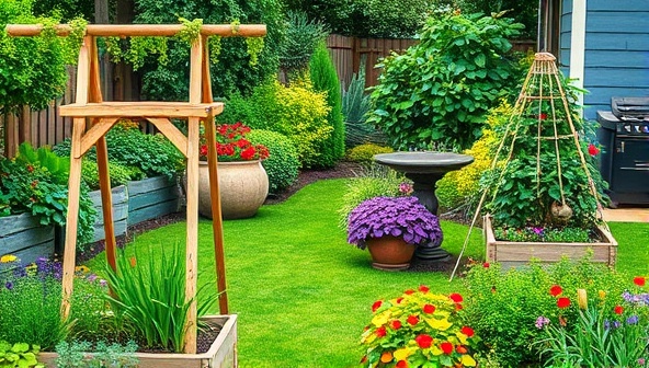 An image of a beautifully landscaped backyard garden featuring a mix of ornamental plants and edible varieties, like colorful vegetables, fruit trees, and aromatic herbs, creating a visually appealing and functional outdoor space for relaxation and harvest.
