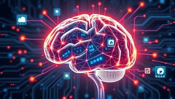 An AI algorithm visualized as a futuristic, glowing brain surrounded by digital ad elements, symbolizing creativity and intelligence in advertising.