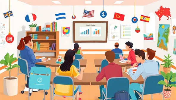 An animated illustration of a virtual classroom environment with diverse students interacting in different languages, surrounded by digital language learning resources and cultural symbols, portraying a dynamic and immersive language learning experience.