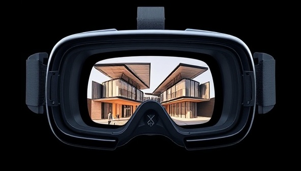 A virtual reality headset displaying an architectural visualization of a modern building design, with interactive elements and immersive details, showcasing the potential of VR technology in architectural presentations.