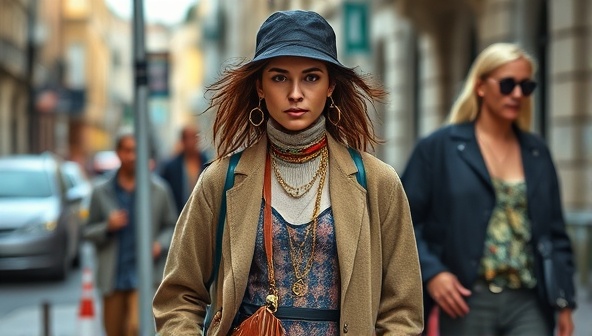 A chic ensemble featuring a model accessorized with upcycled fashion items, showcasing the unique designs and eco-friendly appeal of the accessories against a backdrop of urban street style.