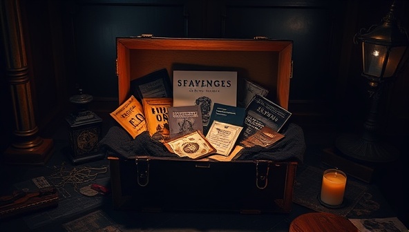 An intriguing visual featuring a mysterious and enigmatic box filled with thematic props, puzzles, and clues, surrounded by a shadowy atmosphere and dim lighting, evoking a sense of anticipation and discovery for subscribers eager to unravel the mysteries within each monthly delivery.