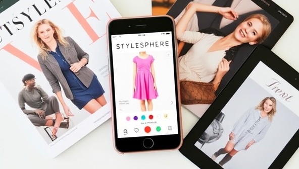 A smartphone displaying the StyleSphere app interface, showcasing a user trying on a virtual dress with customizable color options and accessories, surrounded by fashion magazines and a tablet with trend reports, illustrating a modern and interactive styling experience.