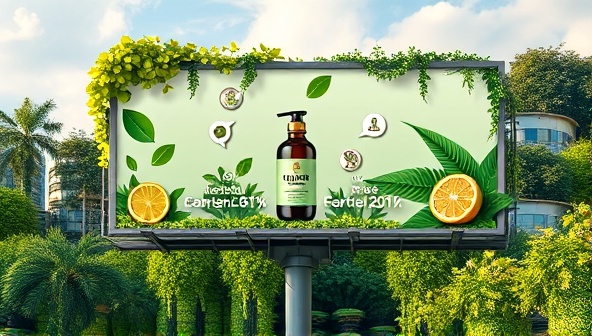 A digital mockup of a billboard featuring a brand's product surrounded by lush greenery and eco-friendly icons, conveying a message of sustainability and environmental responsibility in advertising.