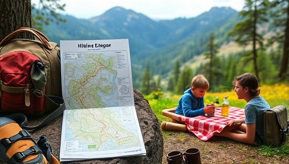 An outdoor scene featuring a collection of hiking essentials, a personalized trail map, and a family enjoying a picnic in a scenic wilderness setting, capturing the essence of exploration and outdoor discovery with WildWonders Explorer.