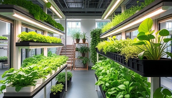 An innovative urban space transformed into a vertical farm by SkyHarvest Consult, featuring tiered plant beds, LED grow lights, and a sophisticated irrigation system, with a diverse range of leafy greens and herbs flourishing indoors, highlighting the futuristic and sustainable approach to farming.