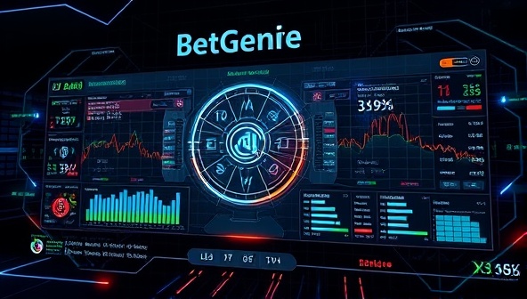 An innovative digital visualization of a futuristic AI interface displaying real-time sports data, odds predictions, and betting recommendations for users, showcasing the high-tech and analytical capabilities of BetGenie AI in assisting sports bettors with their wagering strategies.