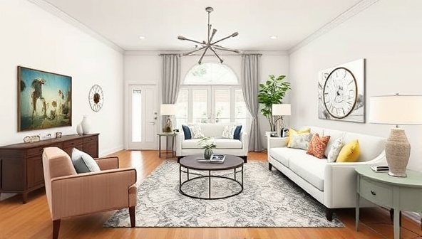 A virtual room rendering showcasing a beautifully designed living space with digital furniture placements, color schemes, and décor accents, illustrating the transformative power of Virtual Décor Vision's design consultations.