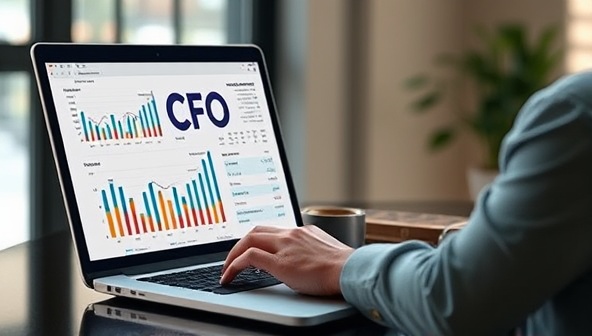 An image of a virtual CFO working on a laptop, with financial reports and graphs displayed on the screen, symbolizing strategic financial planning and analysis.