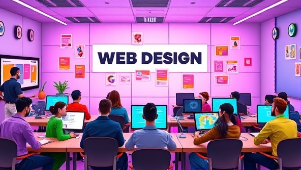 An artistic depiction of a virtual web design classroom within the WebWarrior Academy platform, featuring colorful avatars of students engaging in interactive design challenges and collaborative projects, showcasing a dynamic and gamified learning environment.