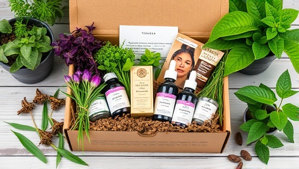 An aesthetically pleasing and eco-friendly subscription box filled with vibrant herbs, wellness products, and informational cards, surrounded by greenery and natural elements, evoking a sense of holistic health and well-being.