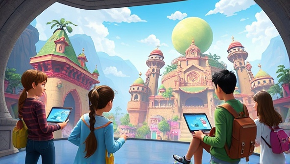 An immersive visual of users exploring a virtual language learning world, engaging in interactive language lessons, cultural activities, and conversations with virtual characters, highlighting the fun and educational aspects of LingoQuest Adventures.