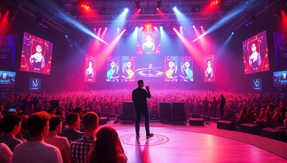 An artistic rendering of a virtual music concert setting within a vibrant gaming world, featuring a stage with dynamic lighting effects, virtual crowds of avatars, and a prominent artist performing live, creating a captivating and immersive experience for attendees.