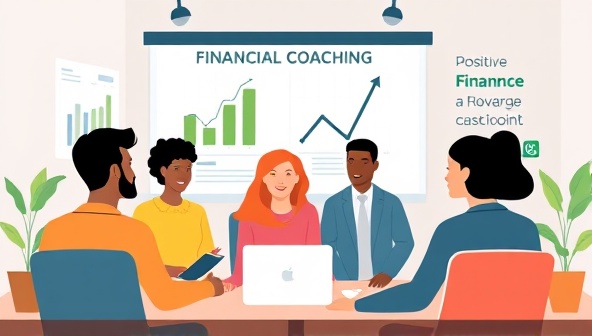A digital illustration of a diverse group of individuals engaging in a virtual financial coaching session, with charts, money icons, and positive motivational messages in the background, conveying empowerment and financial growth.