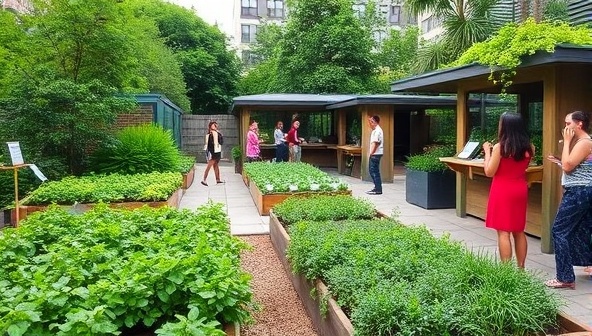 An urban oasis setting with lush green gardens, interactive herb stations, and visitors participating in gardening workshops and mindfulness exercises, creating a serene and educational environment for urban wellness seekers.