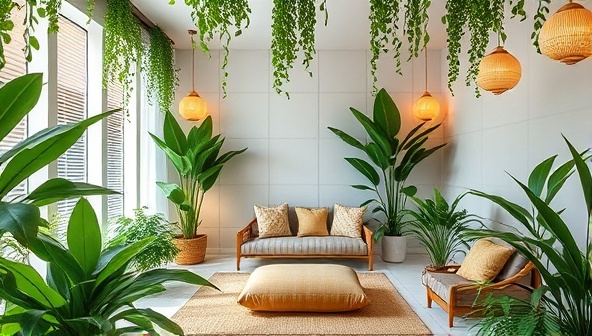 An inviting and tranquil wellness sanctuary adorned with lush green plants, cozy cushions, soft lighting, and soothing music, creating a serene and rejuvenating space for self-care and relaxation.