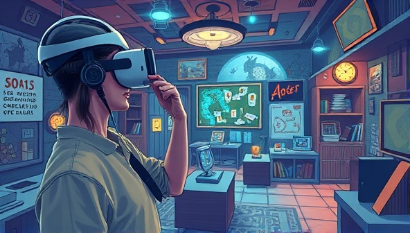 An illustration of a virtual reality headset-wearing player exploring a digital escape room filled with intricate puzzles, mysterious clues, and fantastical environments, capturing the essence of immersive and challenging gameplay.
