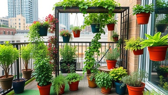 An inviting balcony garden setup with a variety of potted plants, hanging baskets, and trellises, creating a lush and vibrant urban oasis against a backdrop of city buildings, inspiring urbanites to transform their spaces into green havens.