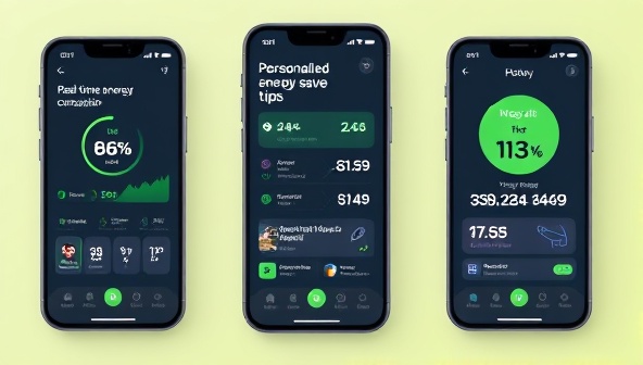 An engaging app interface mockup displaying real-time energy consumption data, personalized energy-saving tips, and smart home device integration, illustrating the user-friendly and innovative features of EcoSmart Energy.