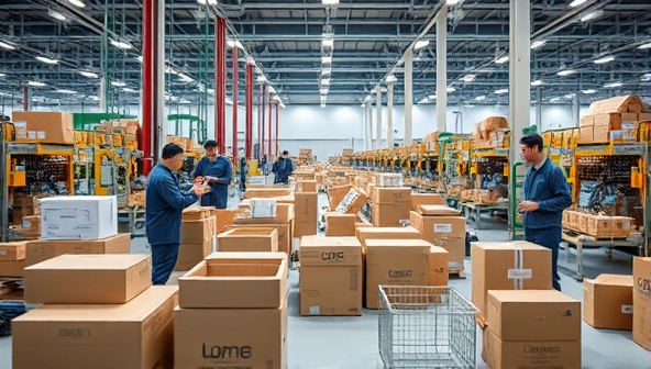 A modern factory floor with workers assembling modular packaging components made from recyclable materials, showcasing efficiency and eco-friendliness in action.