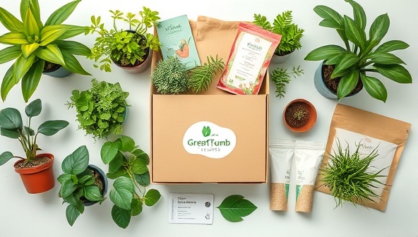 An aesthetically pleasing flat lay of different potted plants, plant care accessories, and eco-friendly packaging materials arranged in a natural and vibrant setting, evoking the freshness and joy of receiving a plant subscription box from GreenThumb Delights.