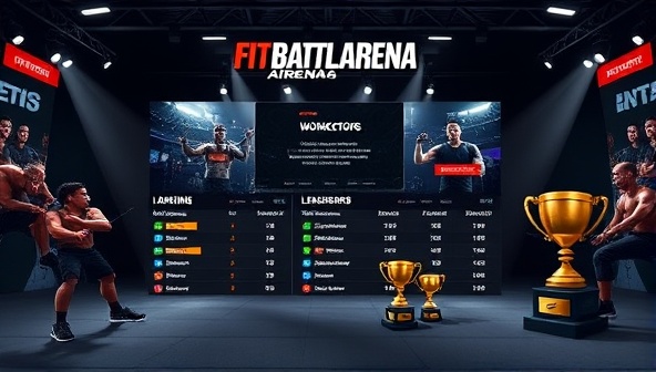 A dynamic visual of FitBattleArena's virtual fitness competition platform featuring participants engaging in intense workout challenges, leaderboards displaying rankings, and virtual trophies symbolizing victory and achievement, capturing the competitive spirit of the fitness community.