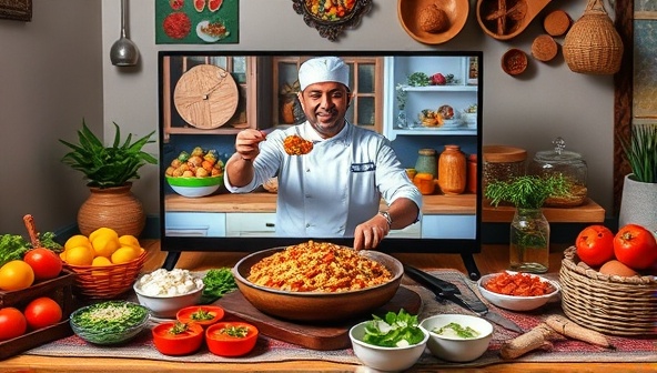 An interactive virtual cooking class setup featuring a chef demonstrating a traditional recipe on-screen, surrounded by colorful ingredients, cooking utensils, and cultural decor elements, creating a sensory-rich culinary experience for participants to enjoy from home.