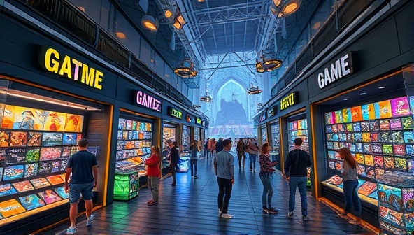 An immersive virtual marketplace scene with digital storefronts displaying colorful game items, artworks, and collectibles, surrounded by animated avatars browsing, trading, and interacting in a vibrant virtual world.