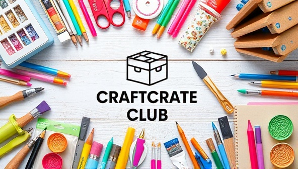 An artistic and colorful flat lay of craft supplies, tools, and finished DIY projects arranged in a visually appealing composition, inviting viewers to immerse themselves in the creative world of CraftCrate Club, overlaid with a crafting icon symbolizing creativity and hands-on experiences.
