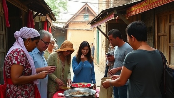 An evocative image of a local community tour in progress, with travelers interacting with artisans, participating in traditional activities, and immersing themselves in the vibrant culture of the destination, capturing the essence of authentic and community-focused travel experiences with Community Connect Tours.
