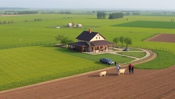 A serene rural landscape with a picturesque farmhouse surrounded by green fields, grazing animals, and guests participating in farm activities, showcasing the tranquil and immersive experience offered by FarmVista Retreat.