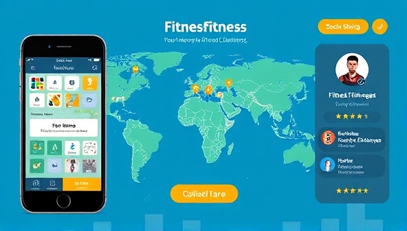 An interactive app interface showcasing a virtual world map with fitness challenges and rewards, a character avatar representing the user, and social sharing features, illustrating the engaging and gamified fitness experience offered by FitQuest Adventures.