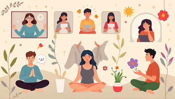 An emotionally resonant digital artwork featuring diverse individuals engaging in virtual therapy sessions, meditation practices, and supportive group discussions, surrounded by calming nature elements and mental wellness symbols, conveying a message of healing and community support.