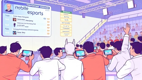 An illustration of a mobile eSports tournament in action, with players competing on their smartphones, a live leaderboard displaying scores, and a virtual cheering audience, capturing the excitement and competitiveness of mobile eSports competitions.