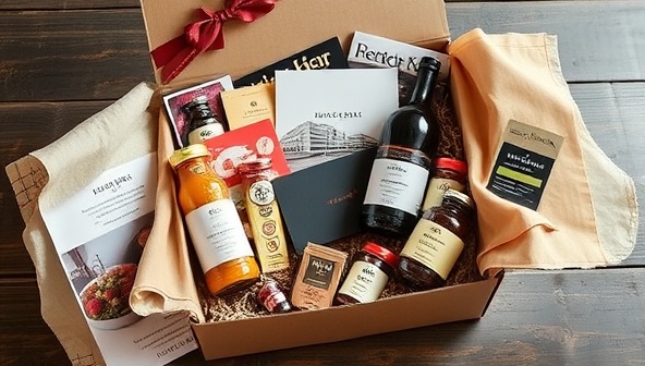 An elegantly designed subscription box overflowing with artisanal food products, decorative packaging, and a personalized note, surrounded by foodie magazines and cooking utensils, creating an enticing and luxurious culinary experience in a box.