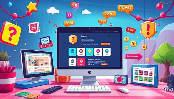 An imaginative depiction of a website design interface blending gaming elements like badges, levels, and rewards with traditional web design tools, creating a vibrant and interactive digital playground, symbolizing the fusion of fun and functionality in web development.