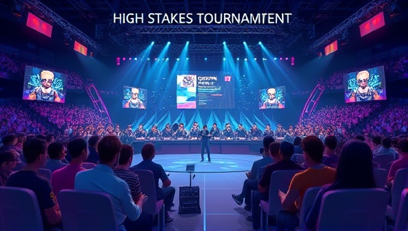 An illustration of a virtual arena filled with cheering spectators and competitive gamers facing off in a high-stakes gaming tournament, capturing the intensity and excitement of online competitive gaming on the platform.