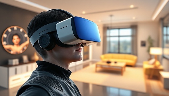 A futuristic digital interface displaying a user wearing a VR headset, exploring a beautifully rendered virtual home with interactive features such as changing room layouts and furniture styles, showcasing the immersive experience of VirtualHome Tours.