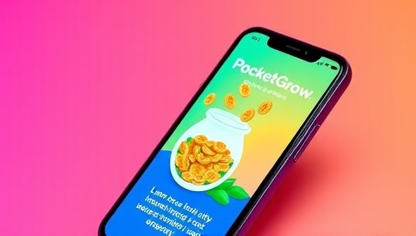 A vibrant and colorful mobile phone screen displaying the PocketGrow app interface, with playful animations of coins dropping into a virtual investment jar, conveying a fun and engaging approach to investing for Gen Z users.